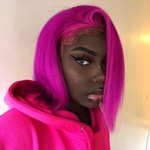 DARK PINK BOB SHORT  HUMAN HAIR STRAIGHT LACE FRONT WIG *NEW*